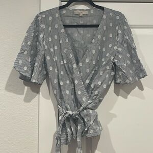 Loft wrap top with textured polka dot